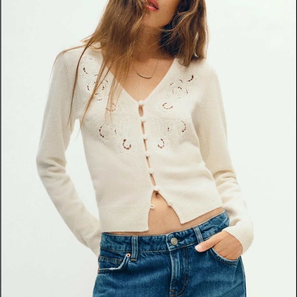 Vintage crochet detail cream knit cardigan